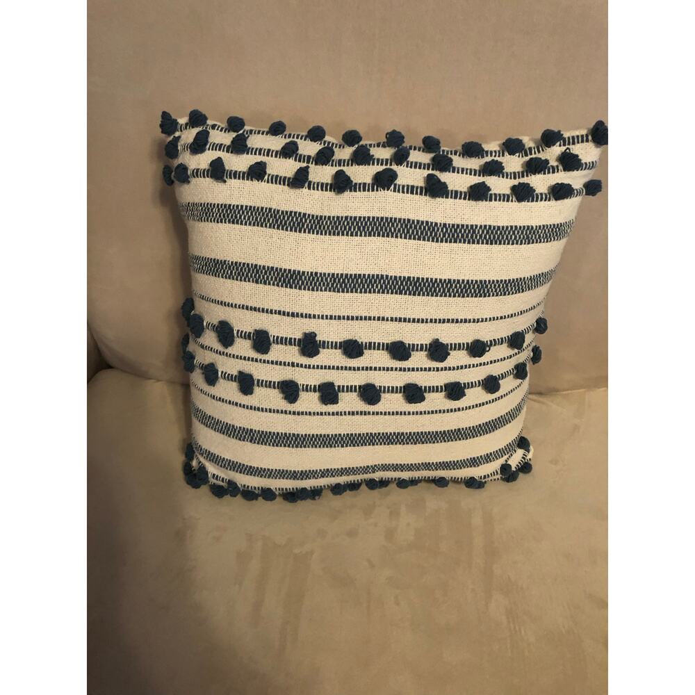 Boho throw pillow cream, navy, blue knots striping 100% cotton